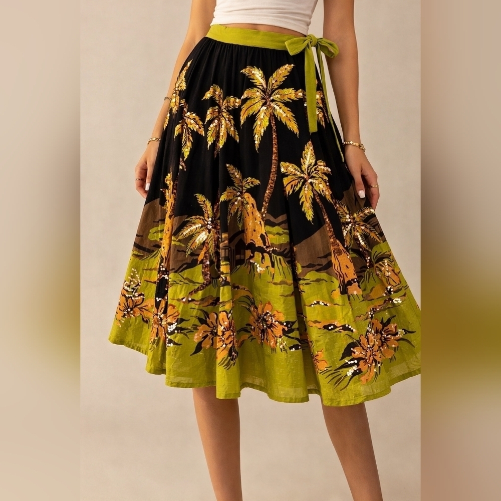 JOHN PAUL RICHARD Festival Tropical Palm Tree Sequin Resort Island Tiki Skirt